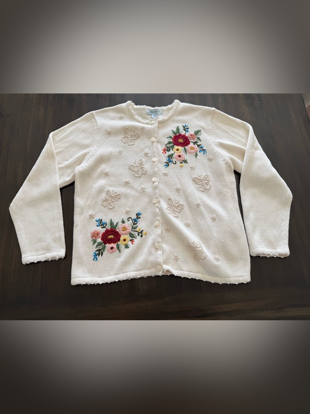 90’s Vintage Haband Ivory Knit Floral Embroidered Cardigan Sweater Cottagecore-L